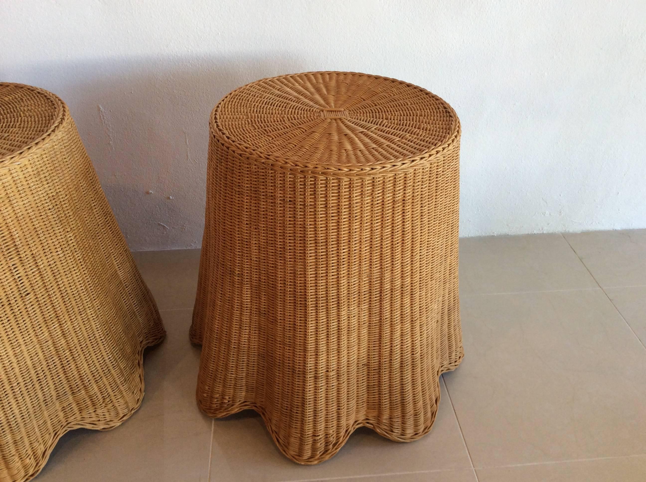 Vintage Pair of Wicker Rattan Drapped Drape End Side Tables Palm Beach Tropical In Excellent Condition In West Palm Beach, FL