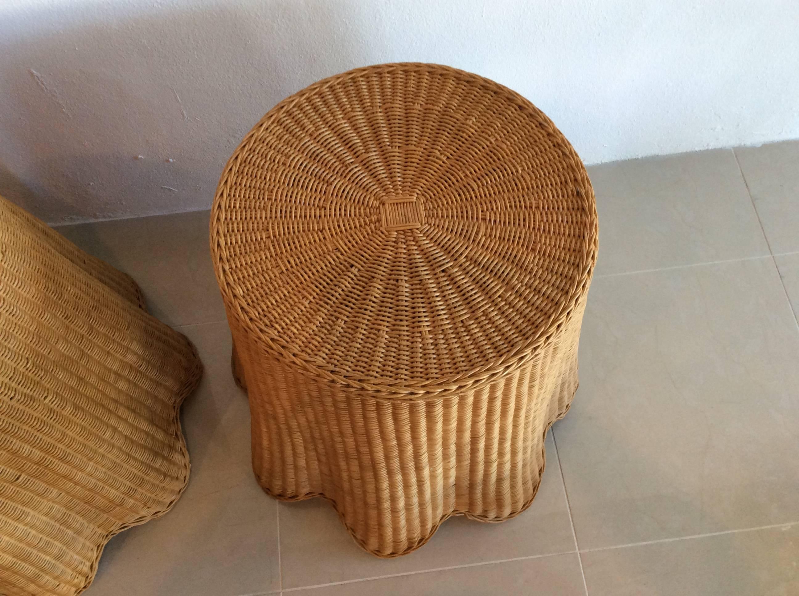 20th Century Vintage Pair of Wicker Rattan Drapped Drape End Side Tables Palm Beach Tropical
