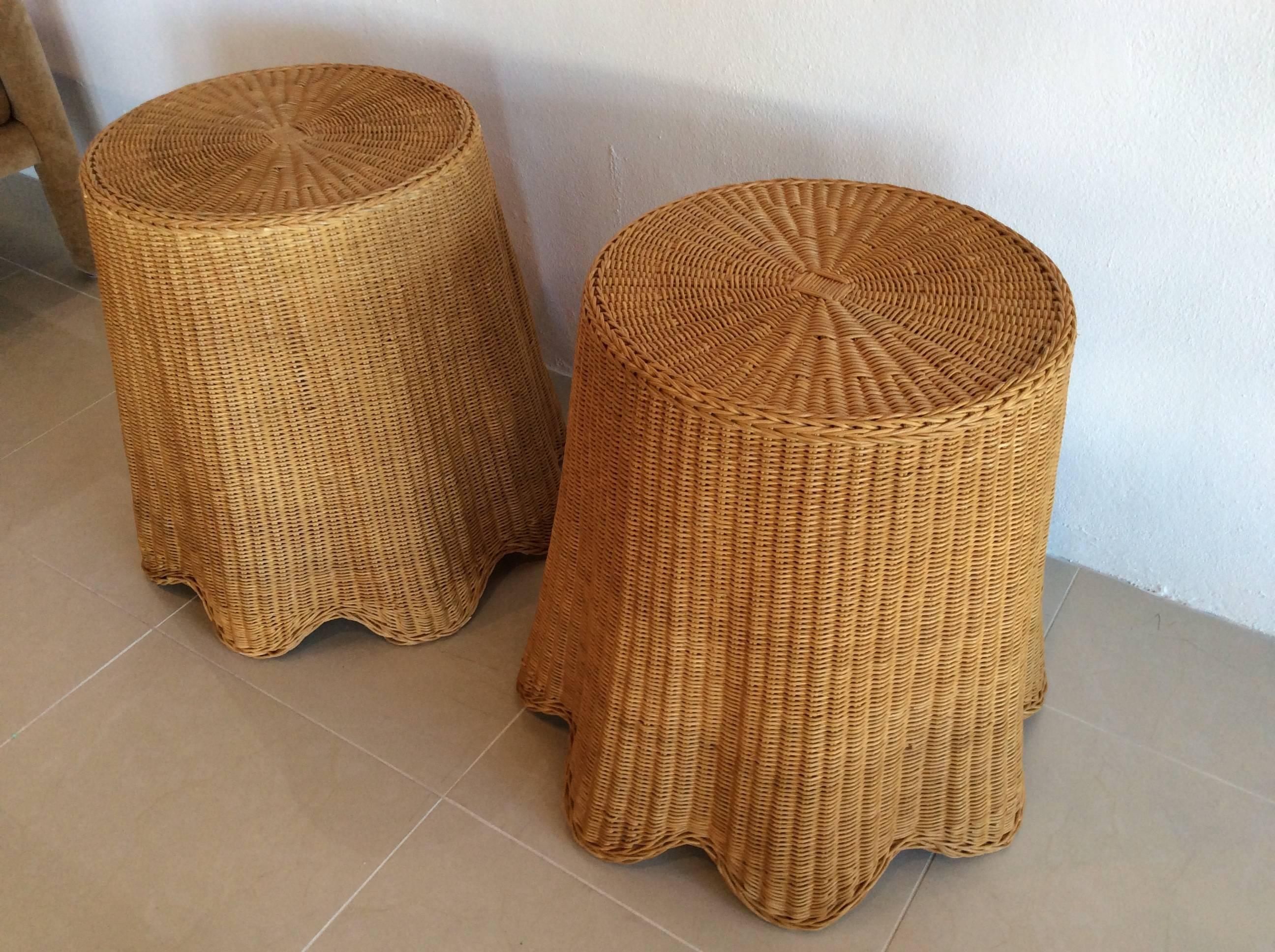 Vintage Pair of Wicker Rattan Drapped Drape End Side Tables Palm Beach Tropical 1
