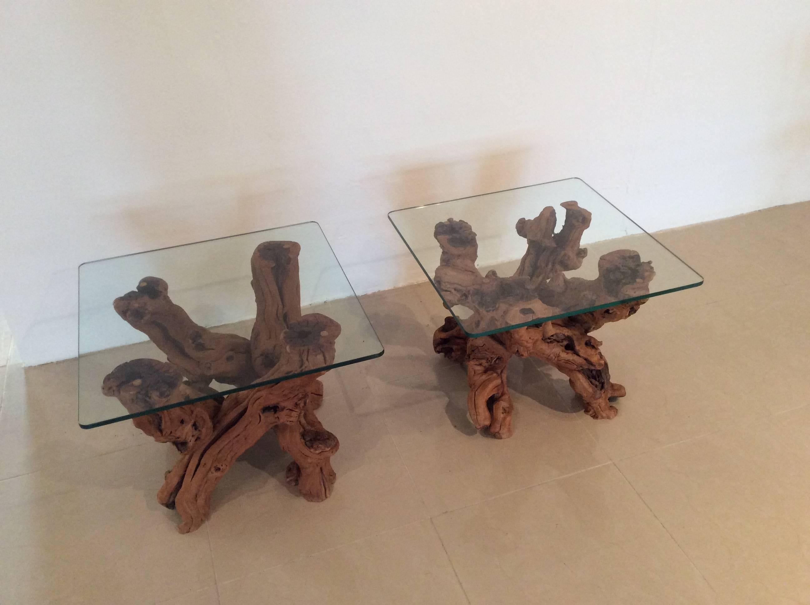 Amazing Hollywood Regency, vintage pair of cypress tree root, driftwood end side tables with glass top. These have the loveliest shape from every angle! Perfect for that 
Mid-Century Modern, Palm Beach, Tropical Island feel!
Glass top measures 24