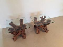 Driftwood Vintage Pair of Cypress Root End Side Tables Palm Beach Tree Freeform