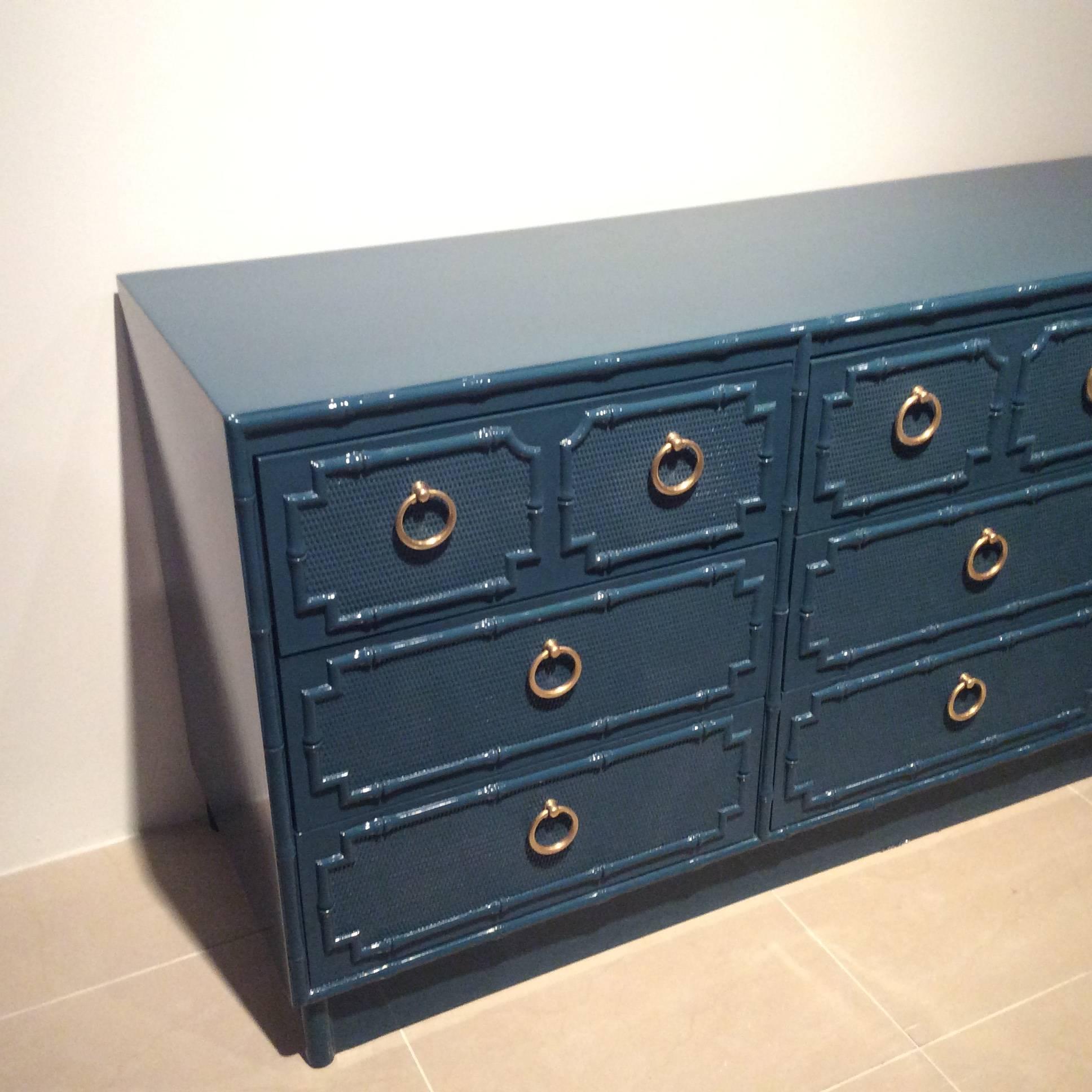 Vintage Faux Bamboo Nine-Drawer Dresser Credenza Buffet Lacquered Blue Brass 2