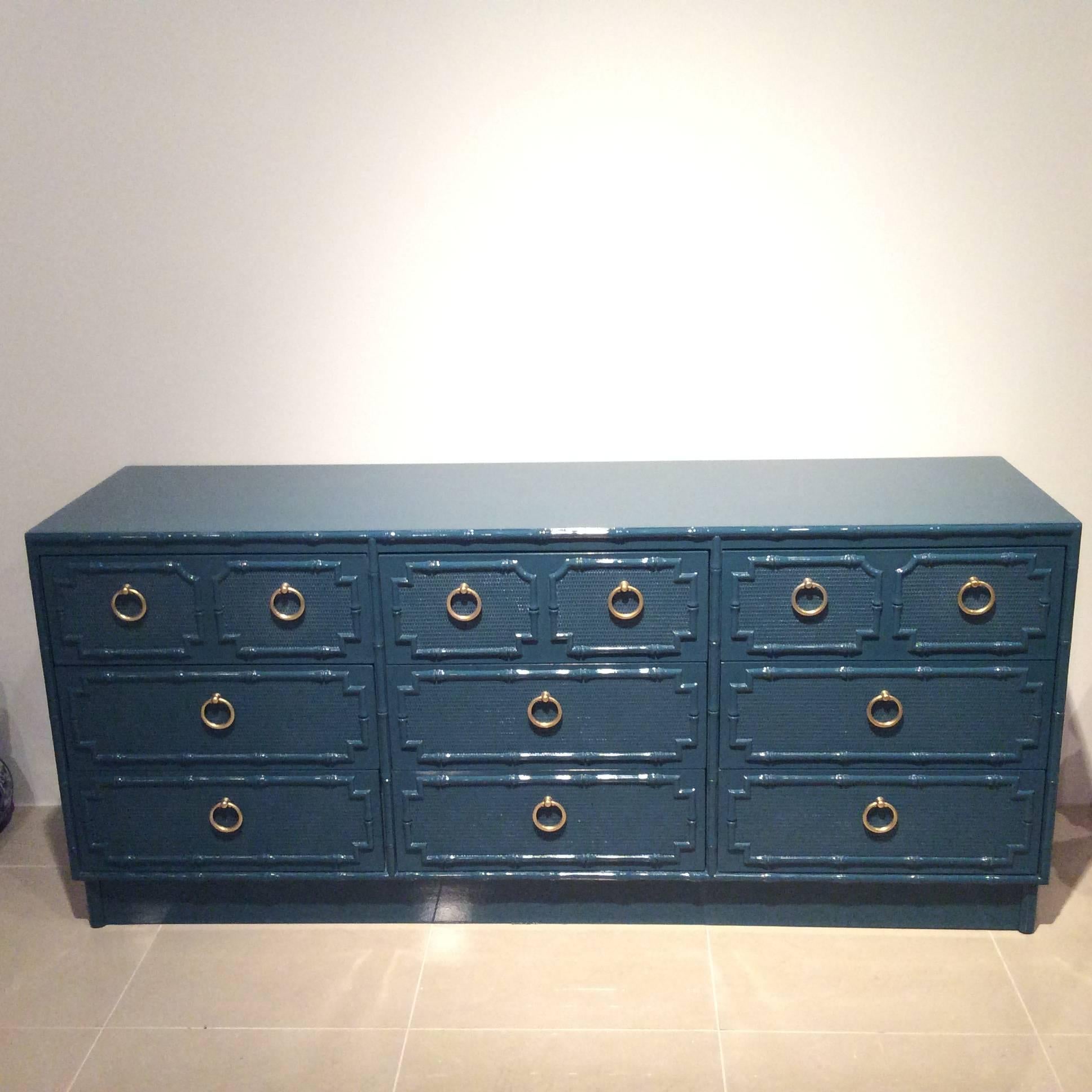 Vintage Faux Bamboo Nine-Drawer Dresser Credenza Buffet Lacquered Blue Brass 3