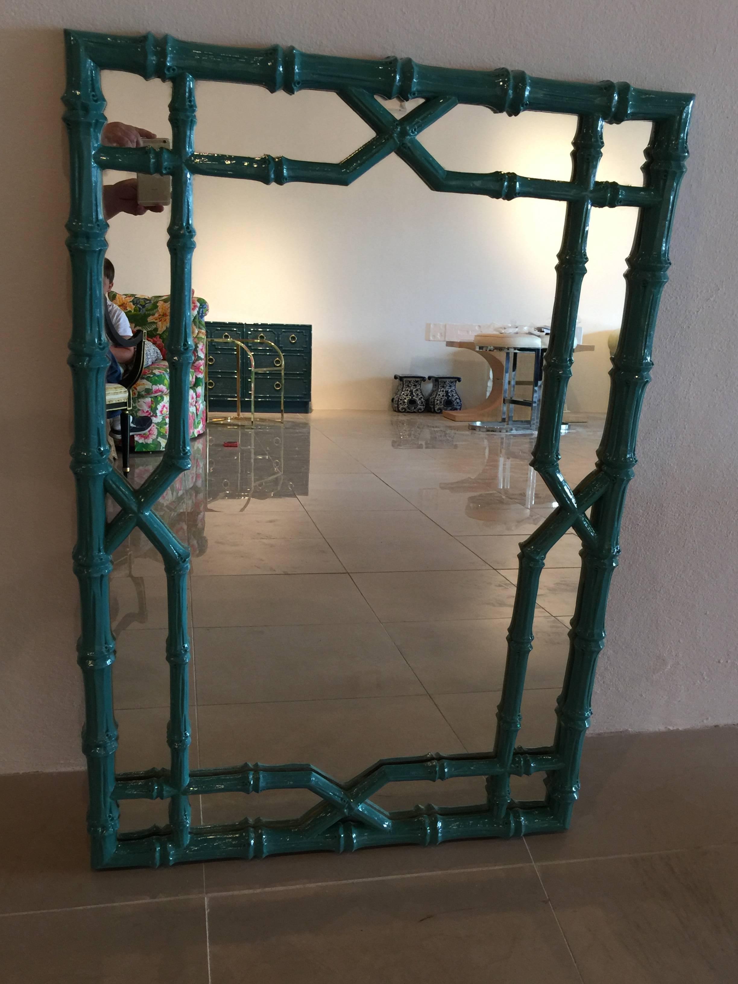 Newly professionally lacquered vintage faux bamboo, Chinese Chippendale, Hollywood Regency,teal blue wall mirror. Lovely chinoiserie feel!