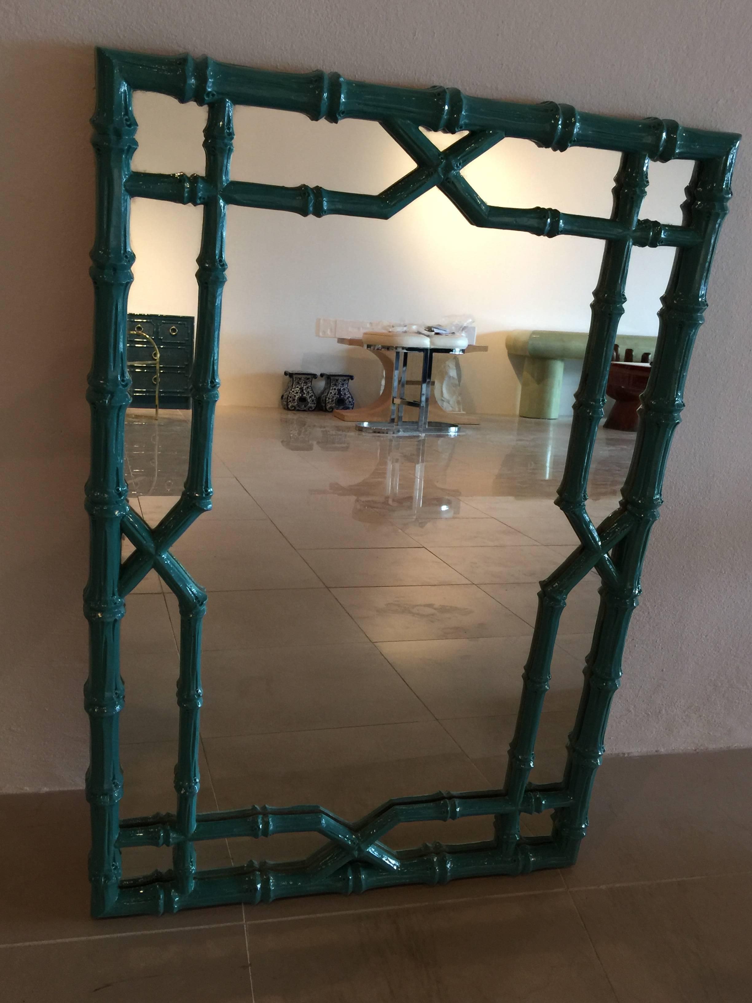 Hollywood Regency Faux Bamboo Wall Mirror Vintage Newly Lacquered Chinese Chippendale Teal Blue