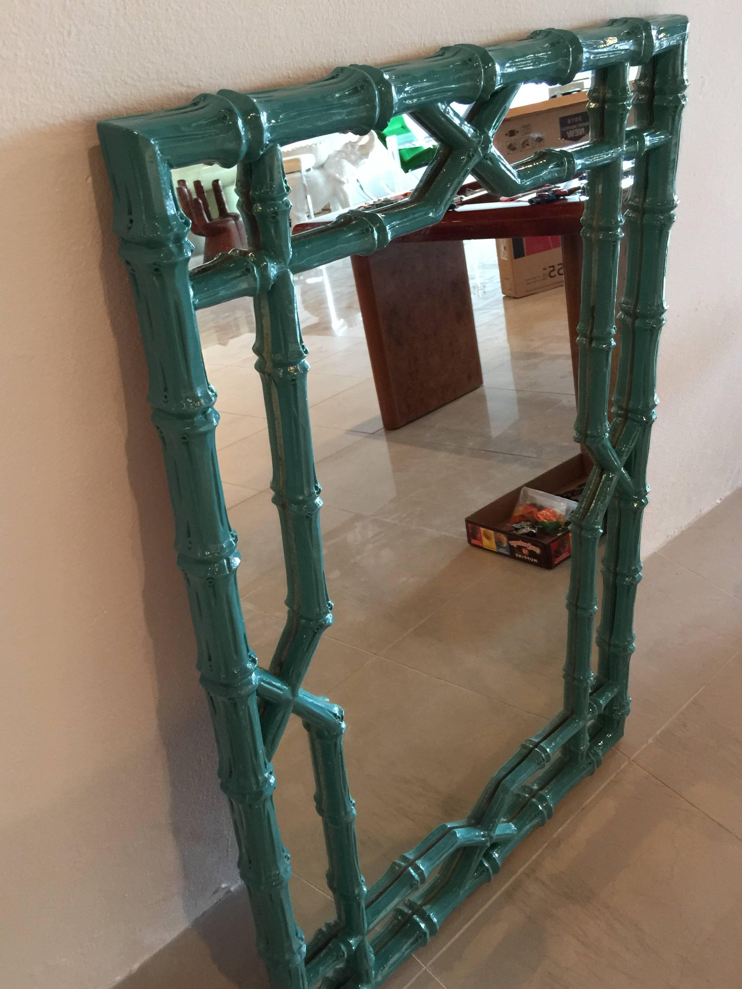 American Faux Bamboo Wall Mirror Vintage Newly Lacquered Chinese Chippendale Teal Blue