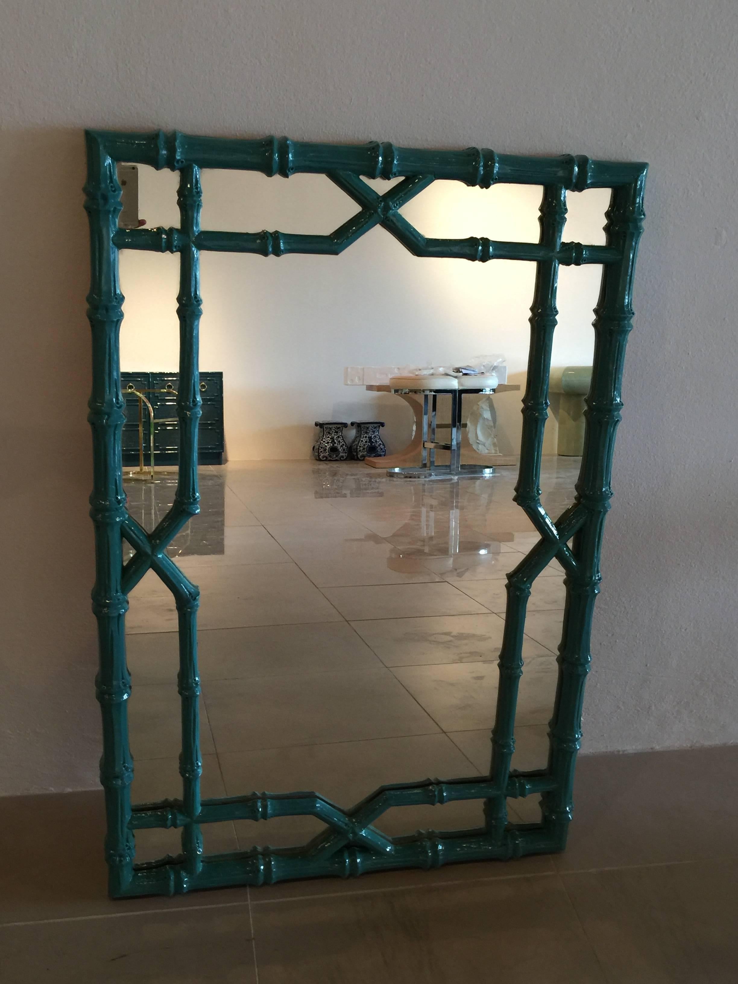 20th Century Faux Bamboo Wall Mirror Vintage Newly Lacquered Chinese Chippendale Teal Blue