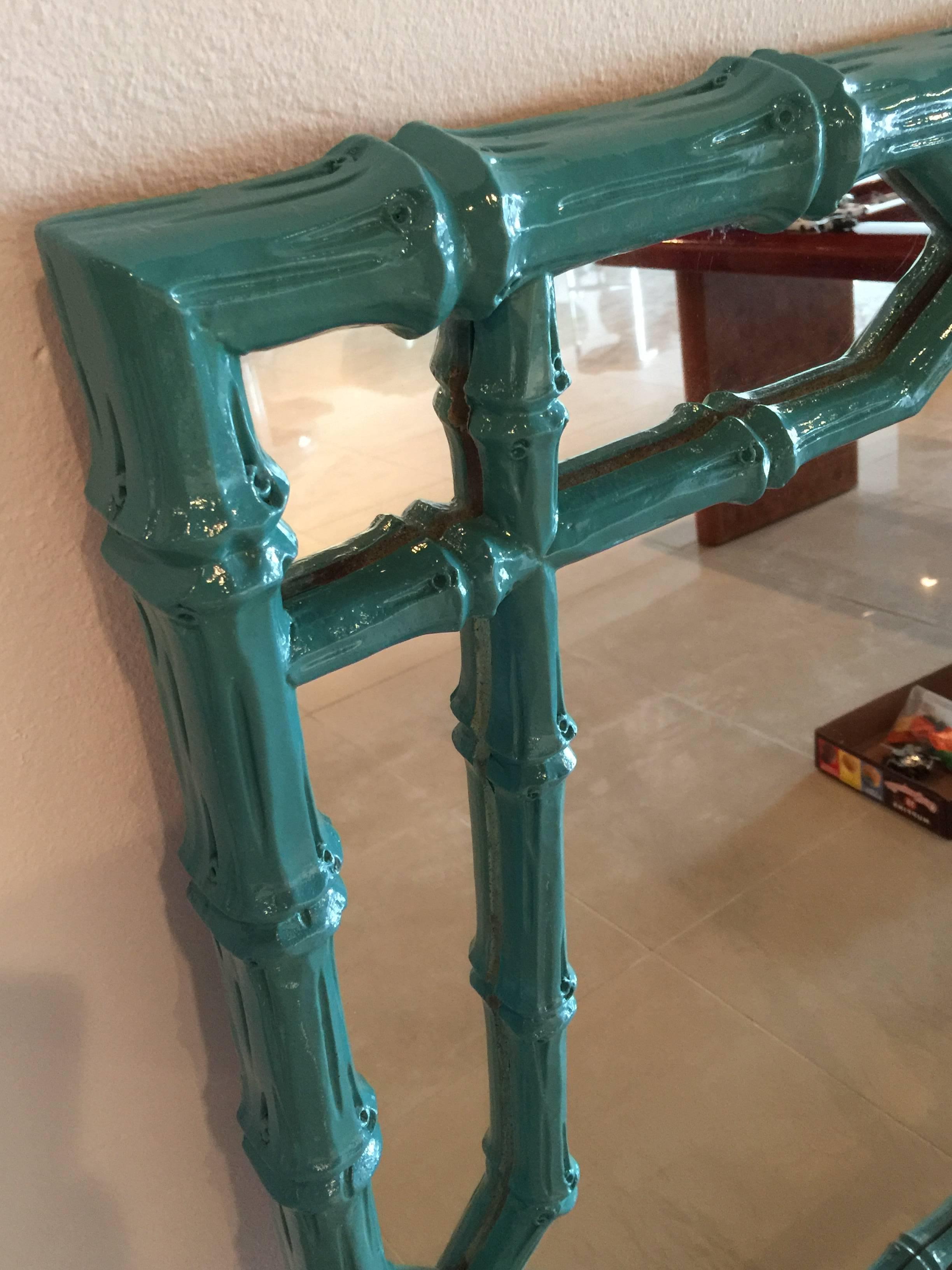Faux Bamboo Wall Mirror Vintage Newly Lacquered Chinese Chippendale Teal Blue In Excellent Condition In West Palm Beach, FL