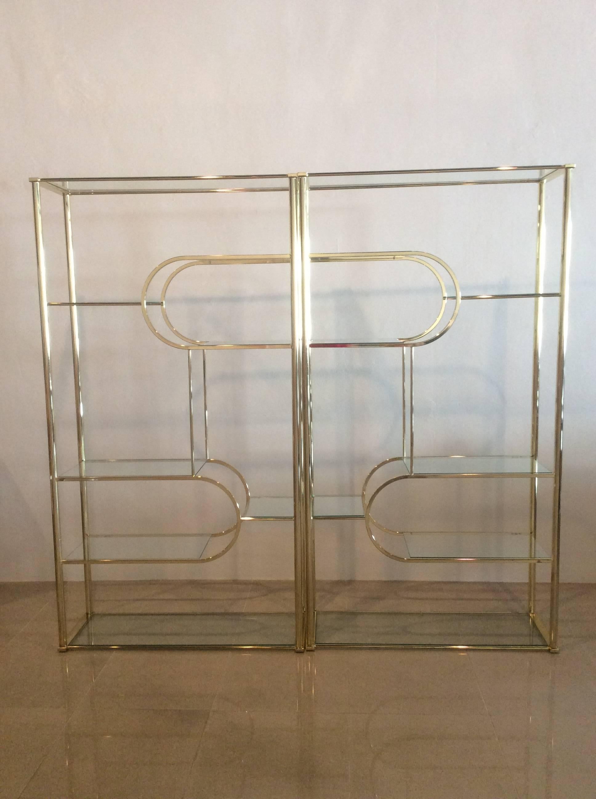 20th Century Pair Brass Etageres DIA Design Institute of America Vintage Glass Shelves