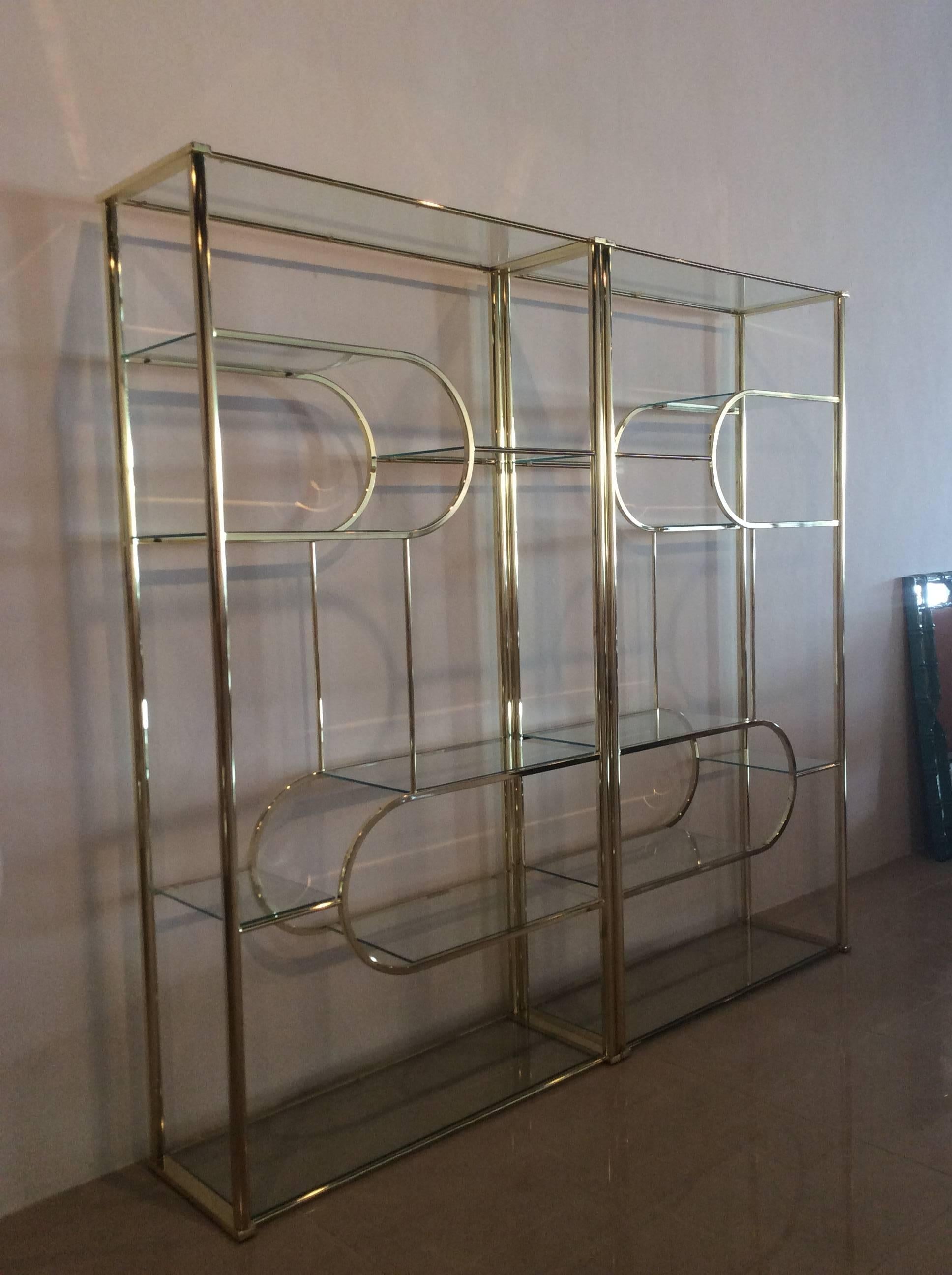 Pair Brass Etageres DIA Design Institute of America Vintage Glass Shelves 1