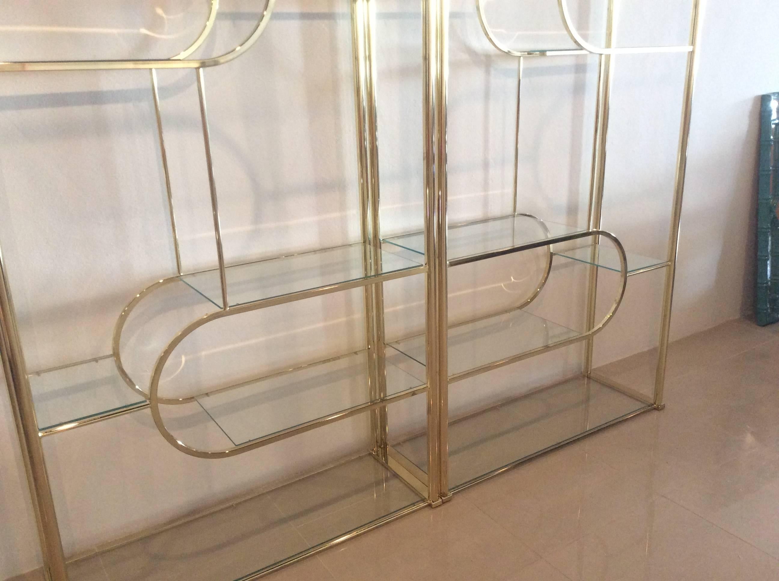 Hollywood Regency Pair Brass Etageres DIA Design Institute of America Vintage Glass Shelves