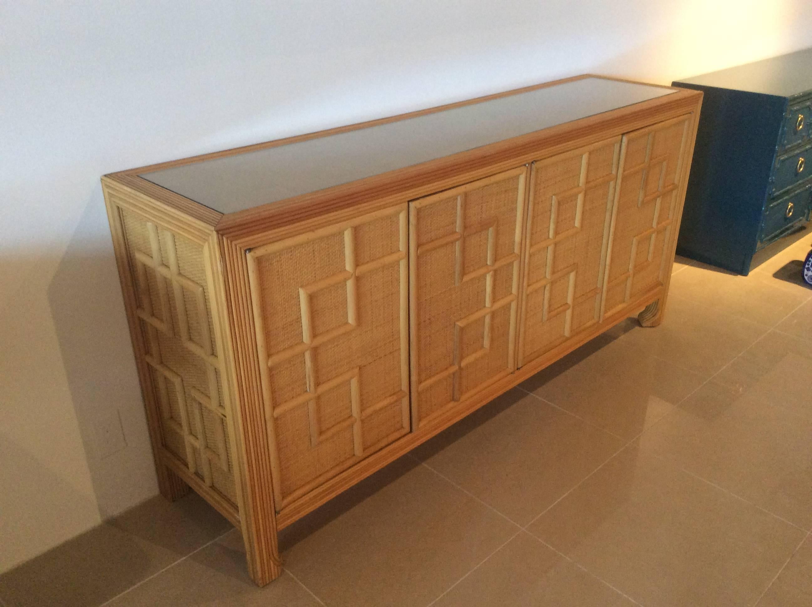 20th Century Pencil Reed Bamboo Rattan Wicker Credenza Vintage Buffet Sideboard Dresser