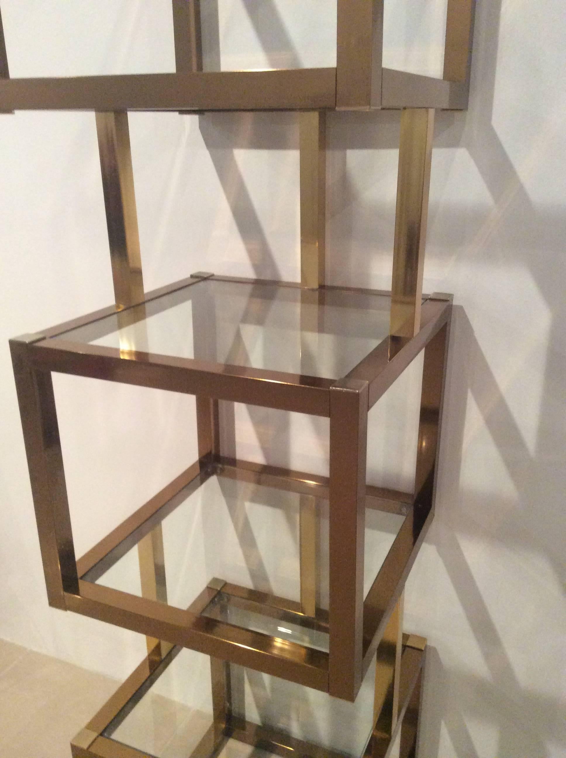 Hollywood Regency Brass Gold & Rose Copper Cube Square Etagere Vintage Glass Shelves Mixed Metals