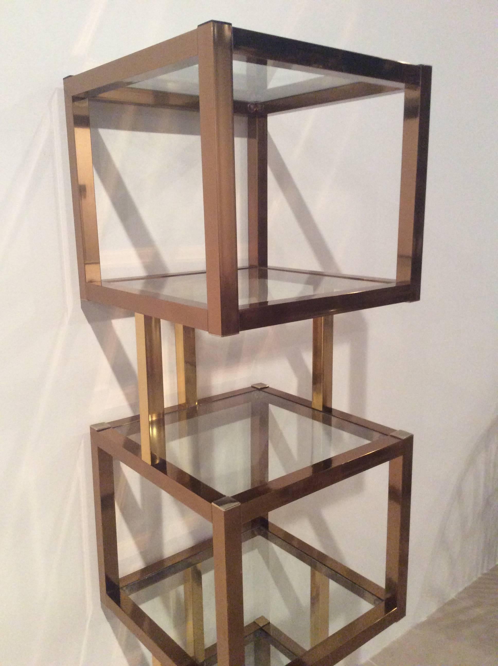 American Brass Gold & Rose Copper Cube Square Etagere Vintage Glass Shelves Mixed Metals