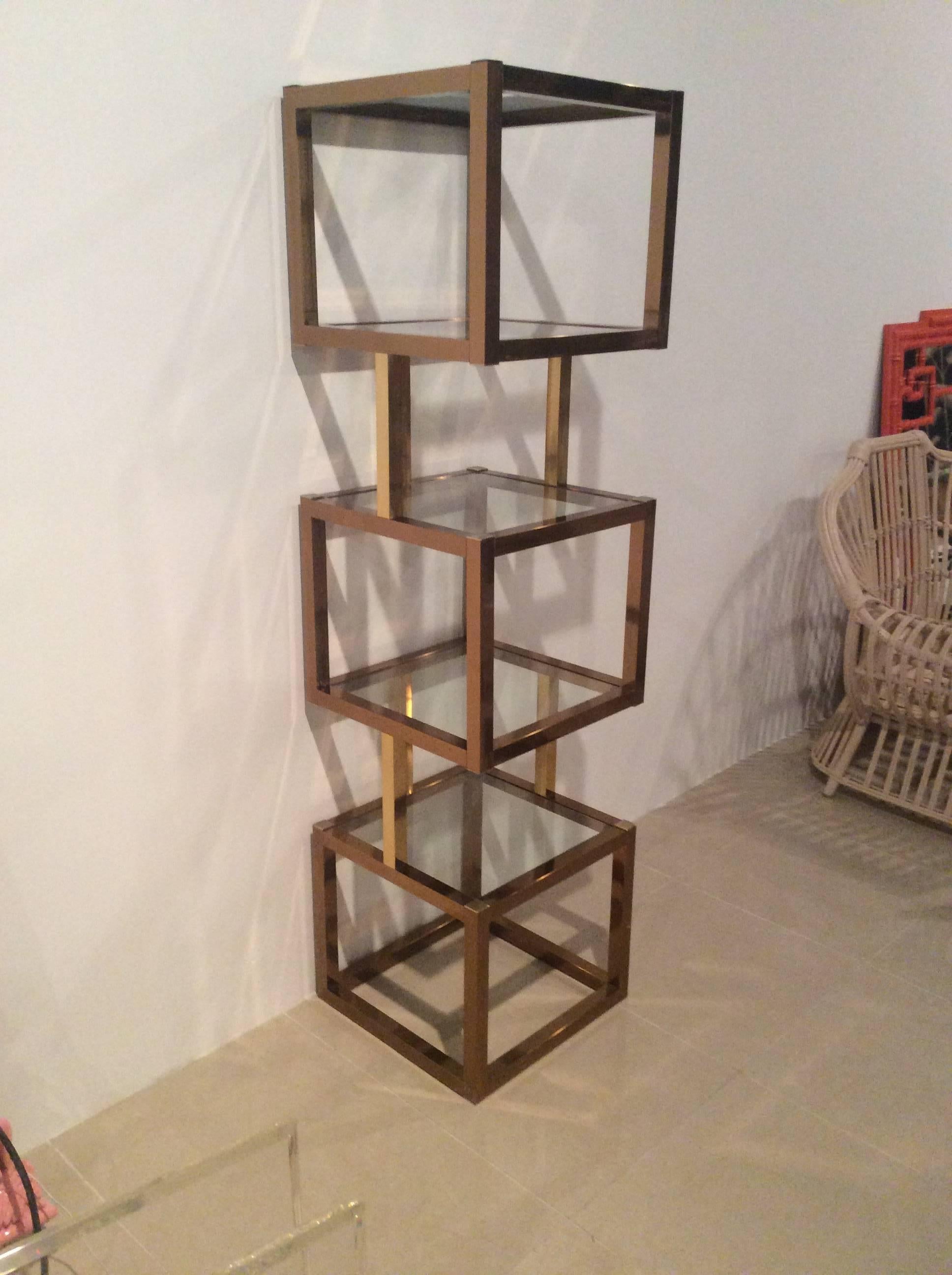 Brass Gold & Rose Copper Cube Square Etagere Vintage Glass Shelves Mixed Metals In Good Condition In West Palm Beach, FL