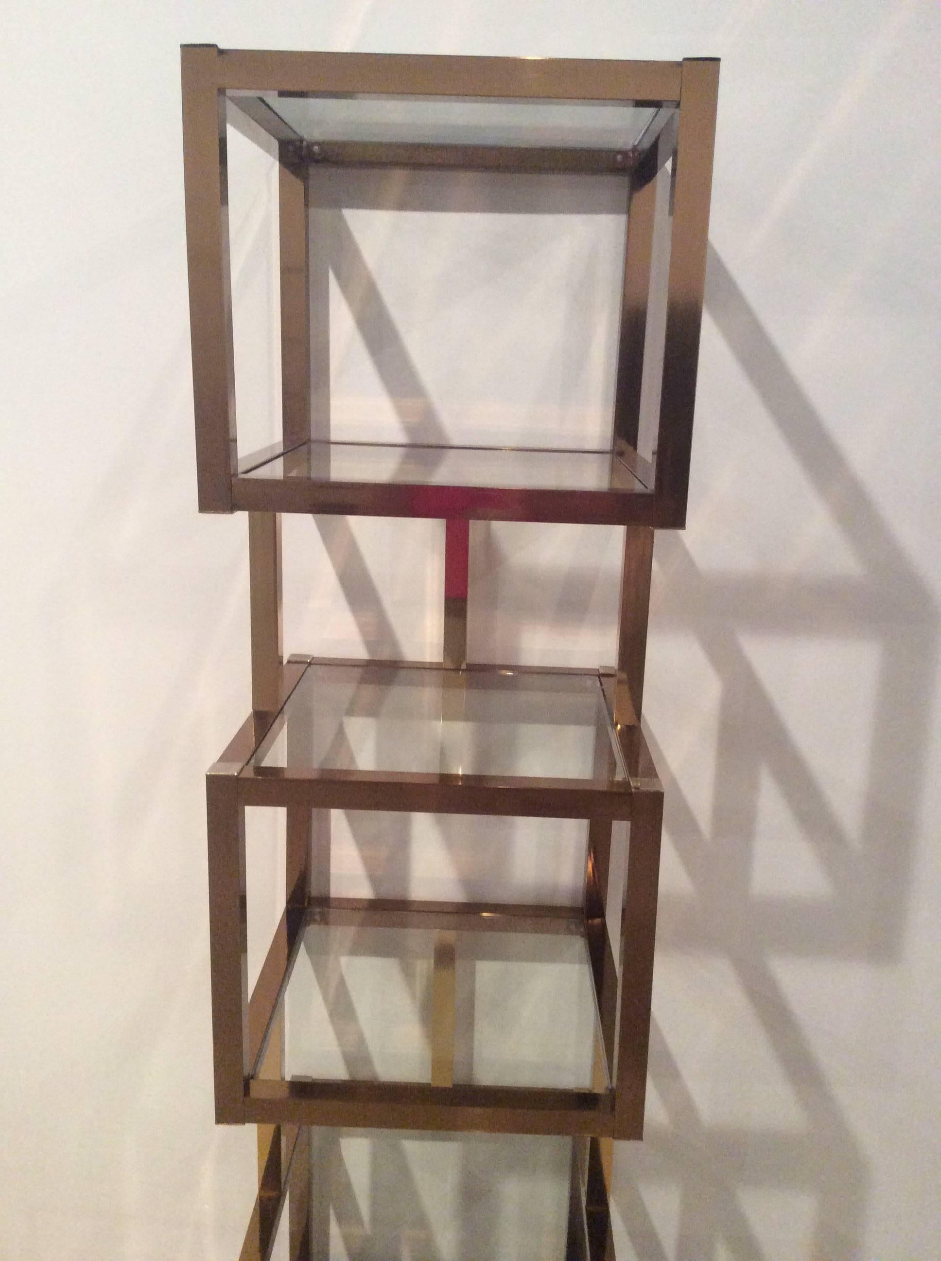 20th Century Brass Gold & Rose Copper Cube Square Etagere Vintage Glass Shelves Mixed Metals