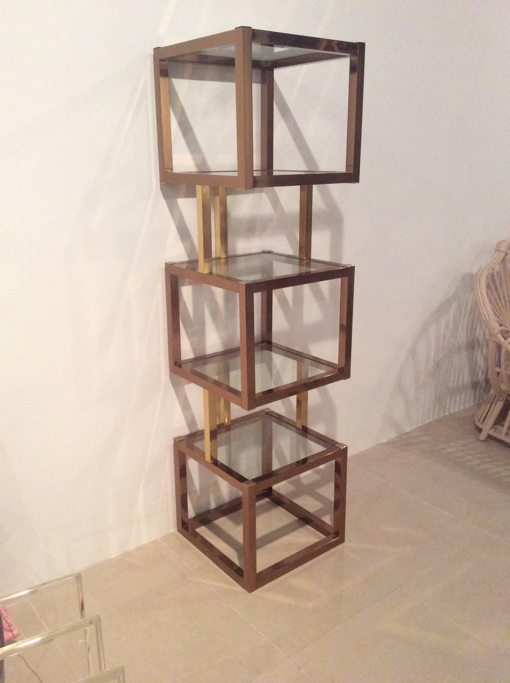 Brass Gold & Rose Copper Cube Square Etagere Vintage Glass Shelves Mixed Metals 1