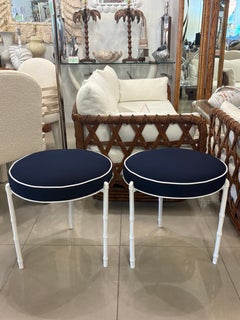 Pair Vintage Restored Faux Bamboo Metal Stools Benches Sunbrella Patio Outdoor
