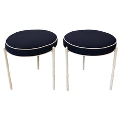 Pair Vintage Restored Faux Bamboo Metal Stools Benches Sunbrella Patio Outdoor