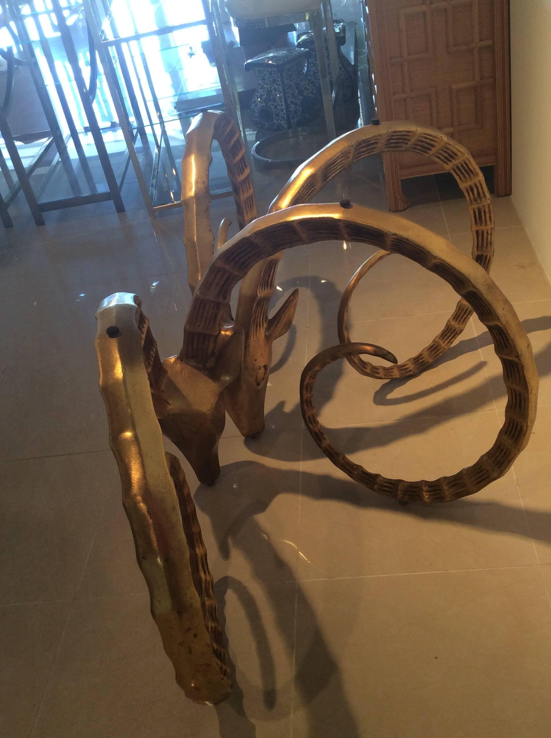Hollywood Regency Pair of Ram’s Head Ibex Vintage Gazelle Dining Table or Desk Base Brass Gold