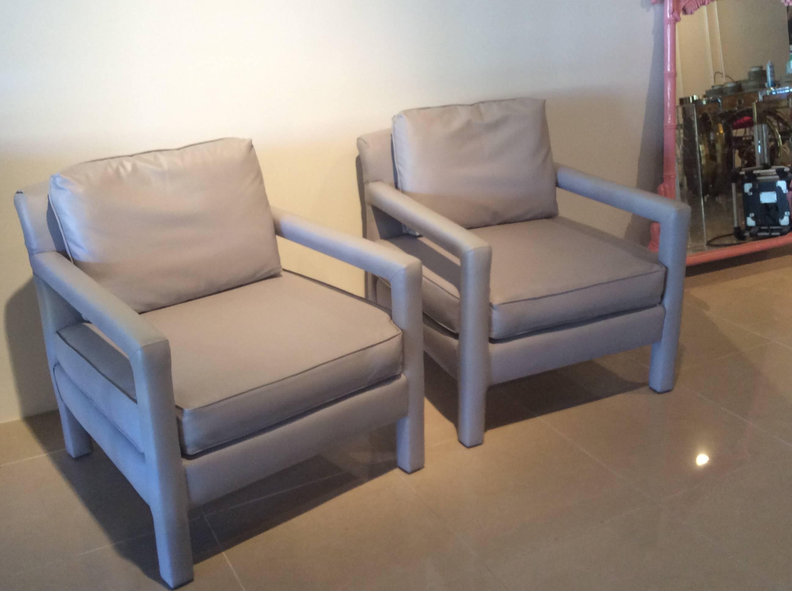 Hollywood Regency Parsons Chairs Vintage Pair of Grey Leather Arm Chairs Milo Baughman Style