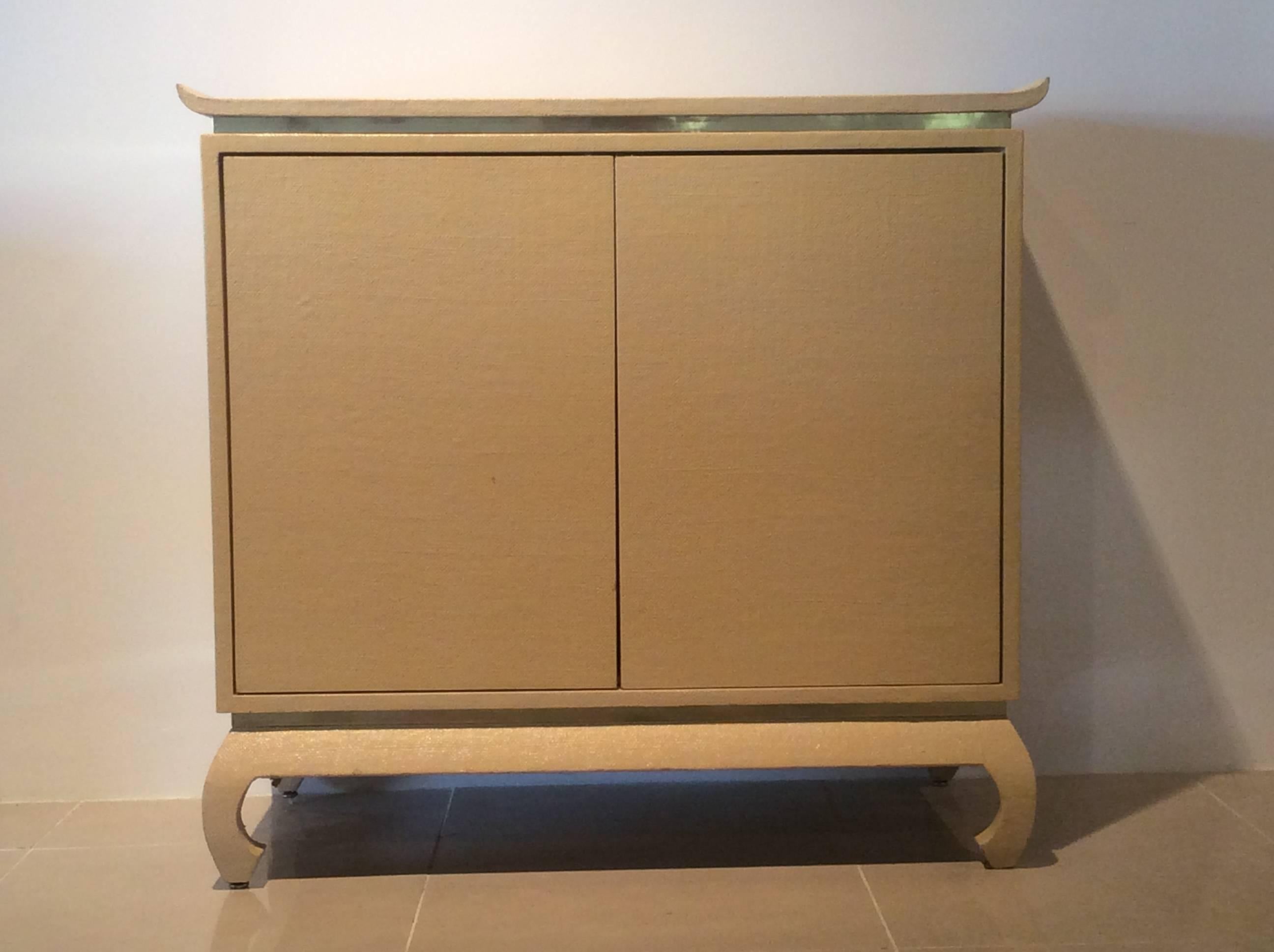 Pagoda Grasscloth Wrapped Linen Brass Vintage Trim Cabinet Chest Dresser Console 1