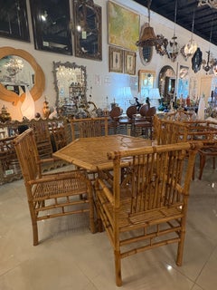 Vintage Bamboo Rattan Reed Dining Game Table & 4 Dining Arm Chairs