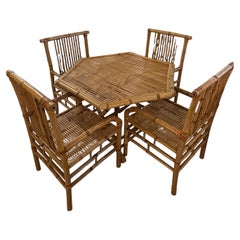 Vintage Bamboo Rattan Reed Dining Game Table & 4 Dining Arm Chairs