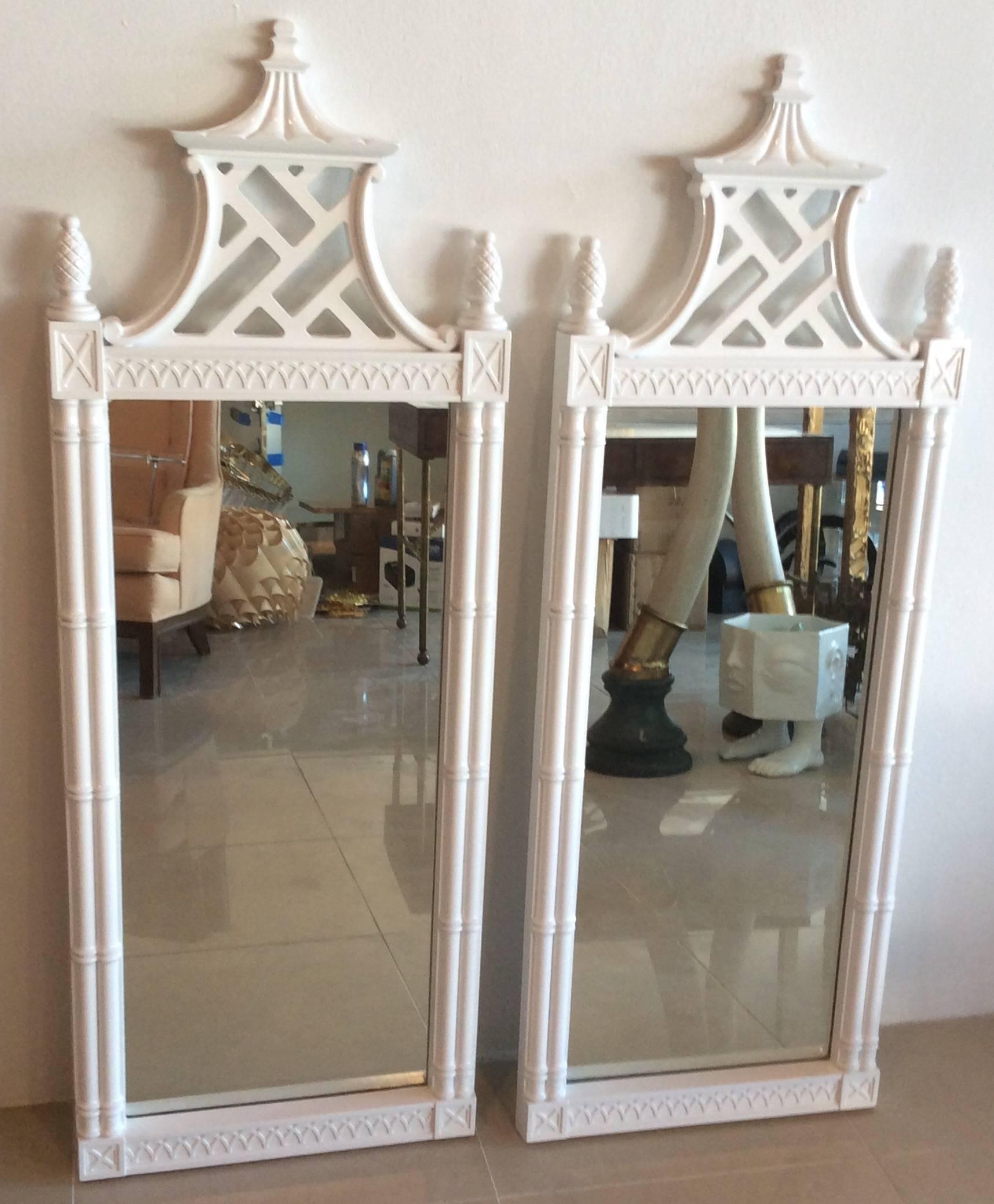 Hollywood Regency Pagoda Wall Mirrors Vintage Newly Lacquered Pair Faux Bamboo Chinese Chippendale