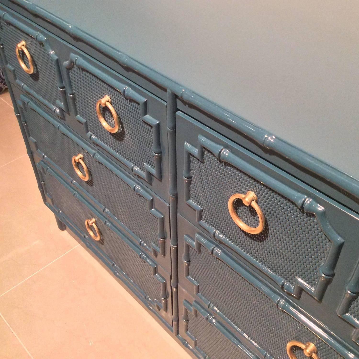 Hollywood Regency Faux Bamboo Vintage Newly Lacquered Credenza Sideboard Nine Drawer Dresser