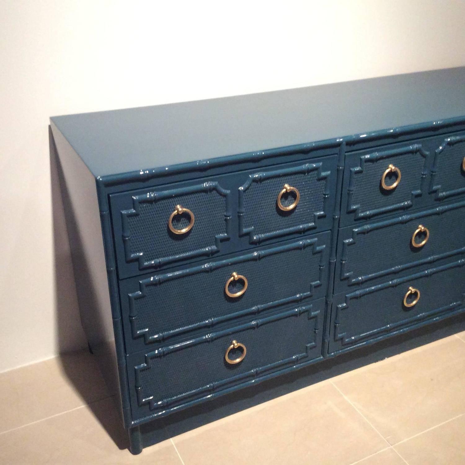 Faux Bamboo Vintage Newly Lacquered Credenza Sideboard Nine Drawer Dresser 1