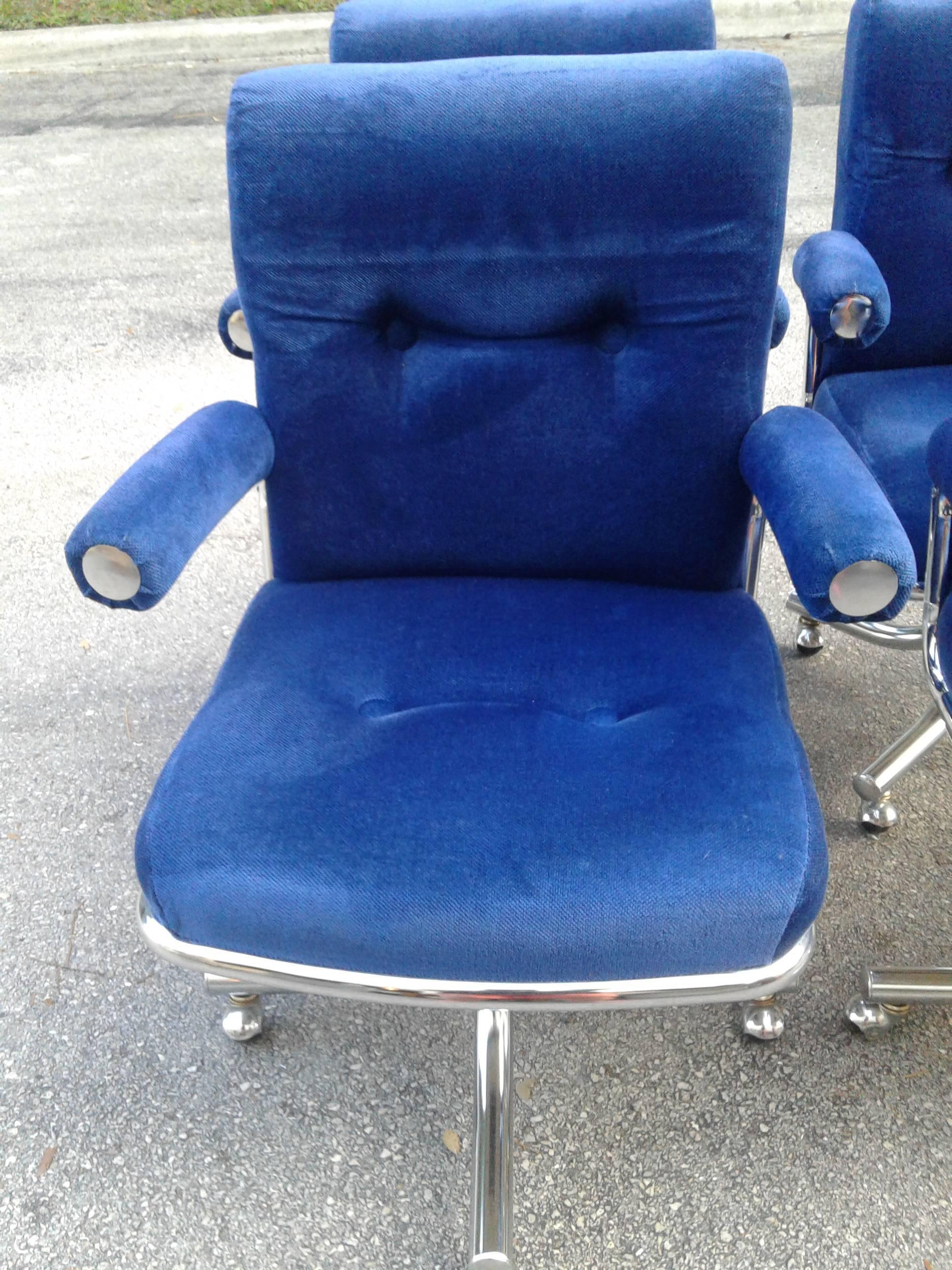 Chrome Swivel Arm Chairs Vintage Blue Desk Dining Hollywood Regency Individually In Good Condition In West Palm Beach, FL