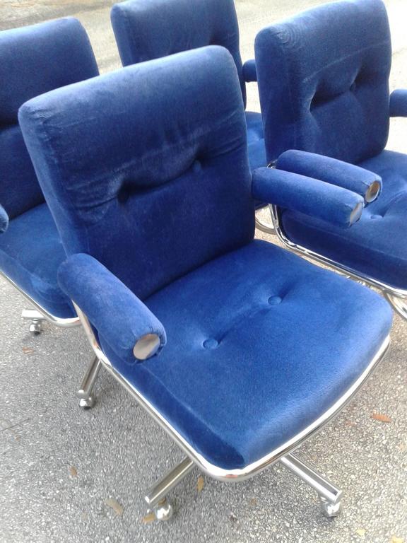 Chrome Swivel Arm Chairs Vintage Blue Desk Dining Hollywood Regency