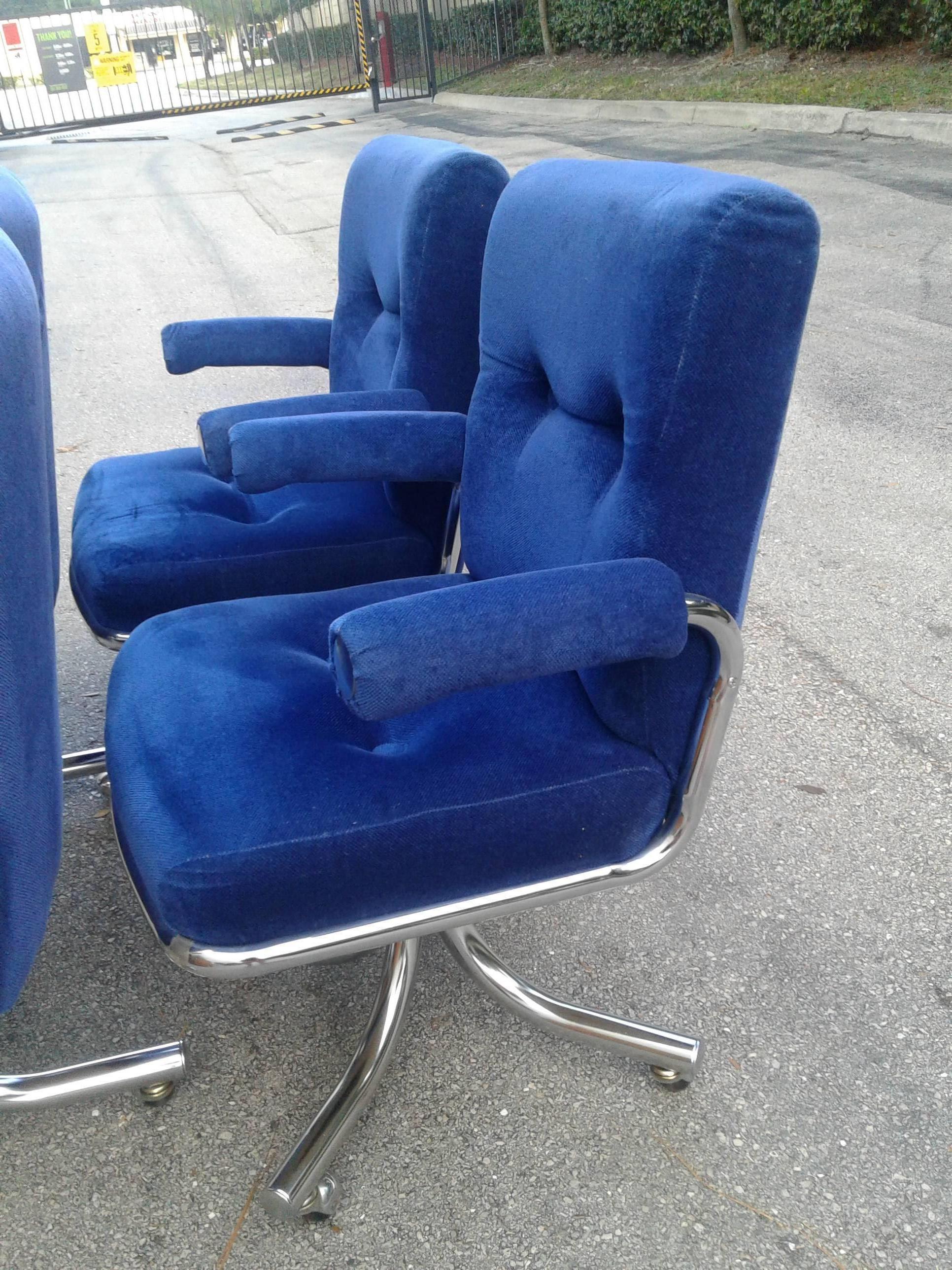 Chrome Swivel Arm Chairs Vintage Blue Desk Dining Hollywood Regency Individually 4