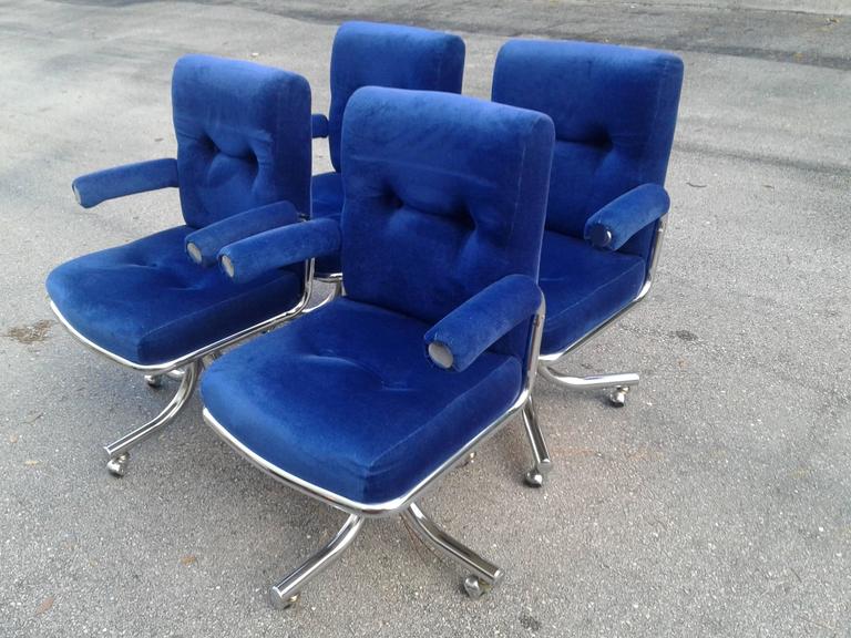 Chrome Swivel Arm Chairs Vintage Blue Desk Dining Hollywood Regency