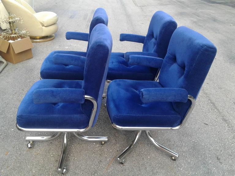 Chrome Swivel Arm Chairs Vintage Blue Desk Dining Hollywood Regency