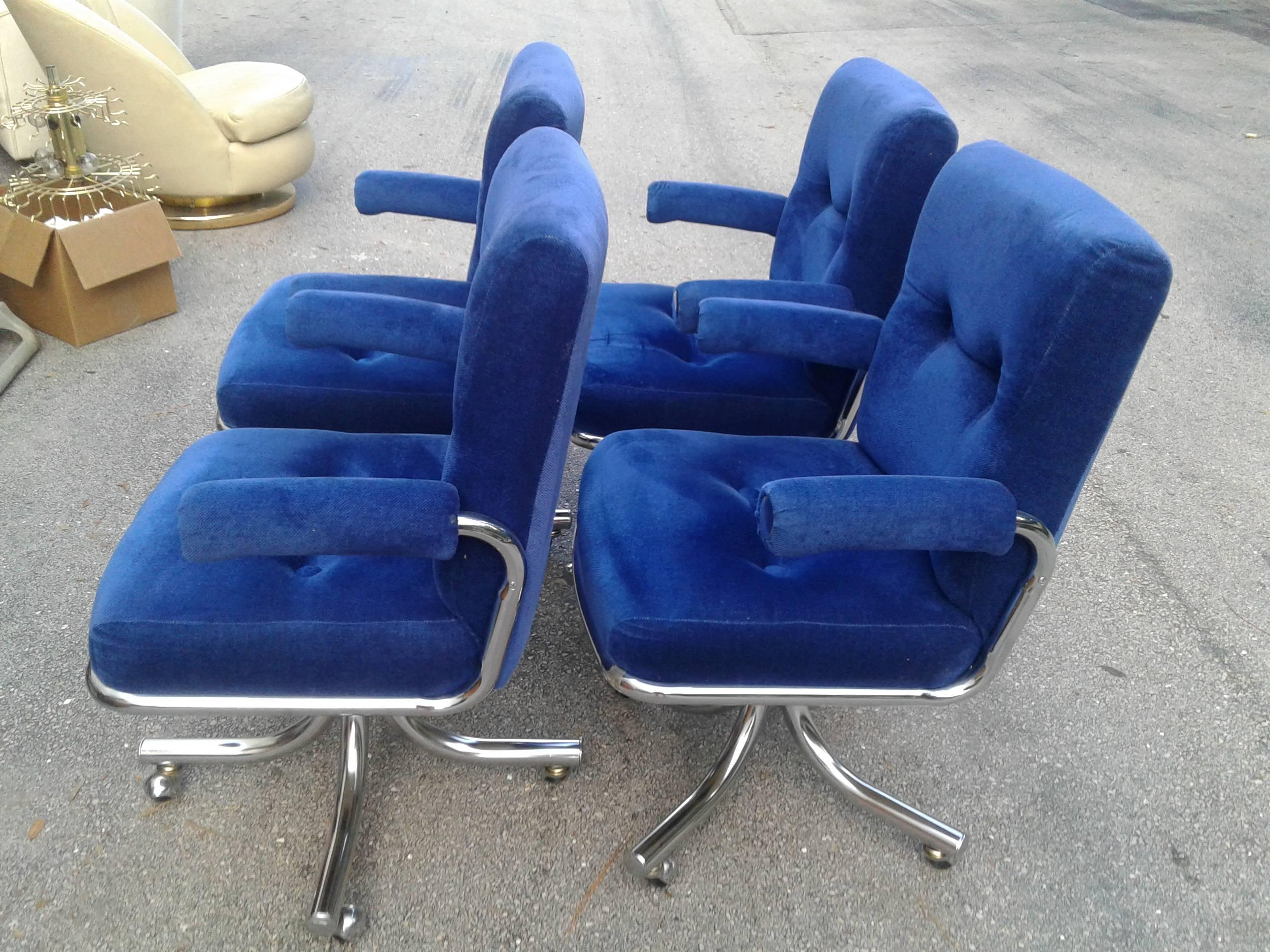 Chrome Swivel Arm Chairs Vintage Blue Desk Dining Hollywood Regency Individually 3