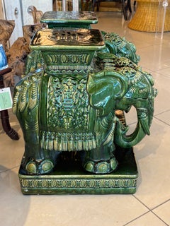 Vintage Pair Green Glazed Elephant Garden Stands Stools Benches Drink Tables