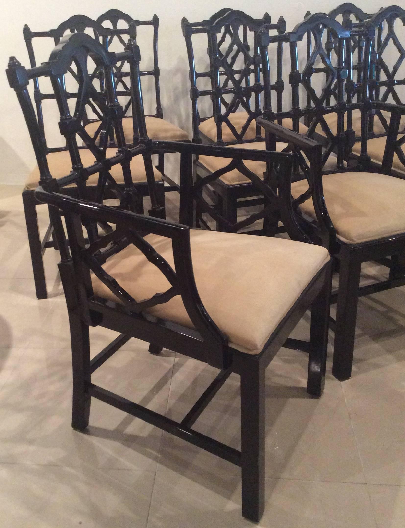 Chinese Chippendale Dining Chairs Vintage Set of Ten 10 Fretwork Made in Spain In Good Condition In West Palm Beach, FL