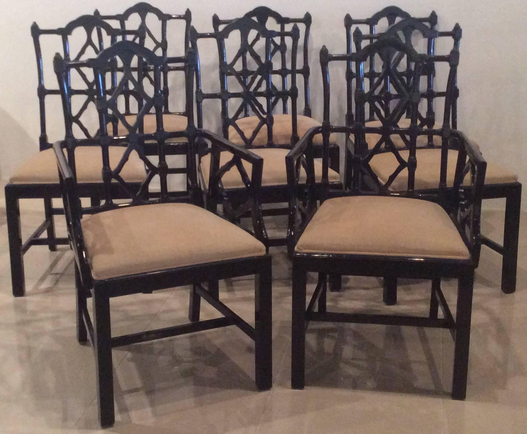 20th Century Chinese Chippendale Dining Chairs Vintage Set of Ten 10 Fretwork Made in Spain