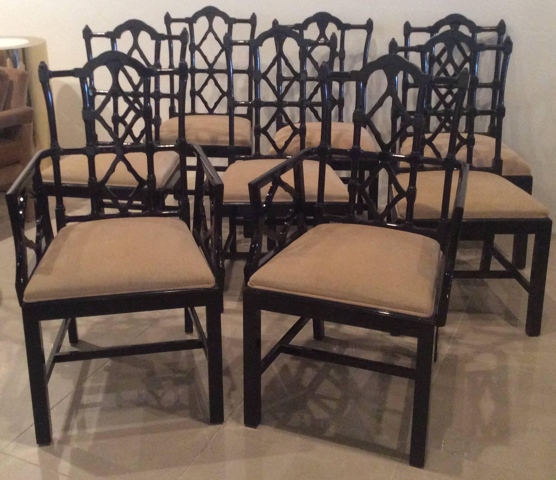 Lacquer Chinese Chippendale Dining Chairs Vintage Set of Ten 10 Fretwork Made in Spain