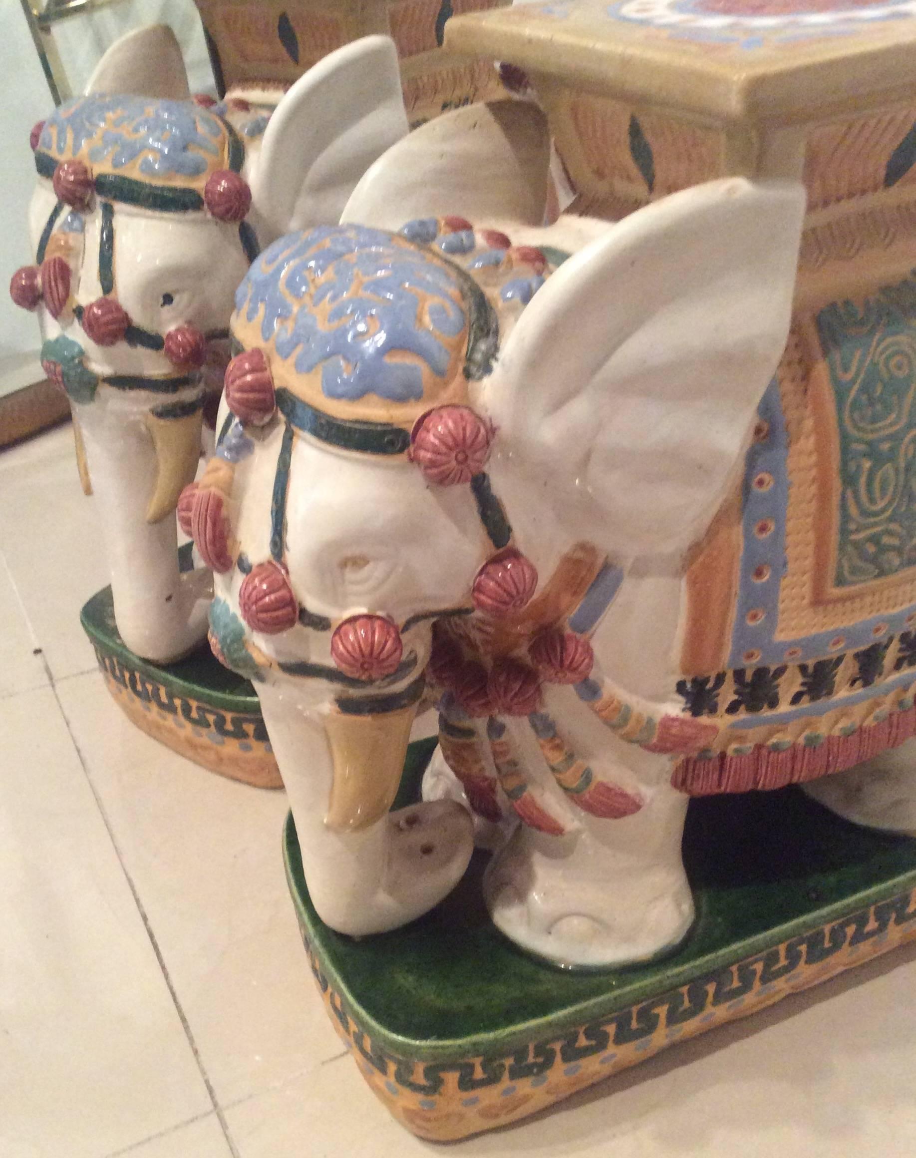 Hollywood Regency  Elephant Garden Stands Stools Vintage Pair Side End Tables Vietnam Ceramic