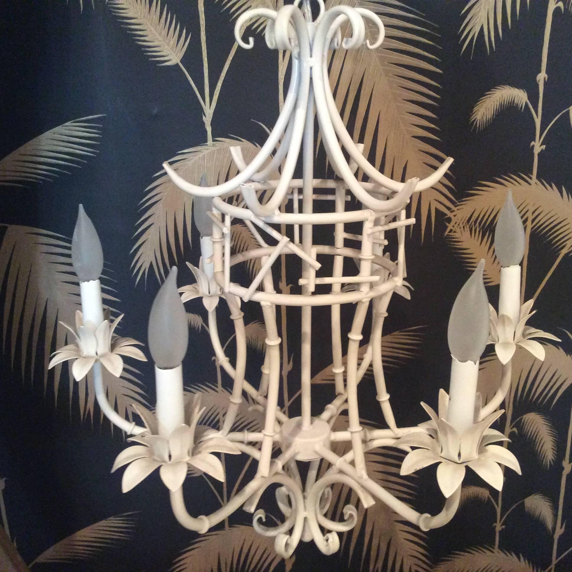 Hollywood Regency  Faux Bamboo Pagoda Chandelier Vintage Chinese Chippendale Metal Palm Beach 