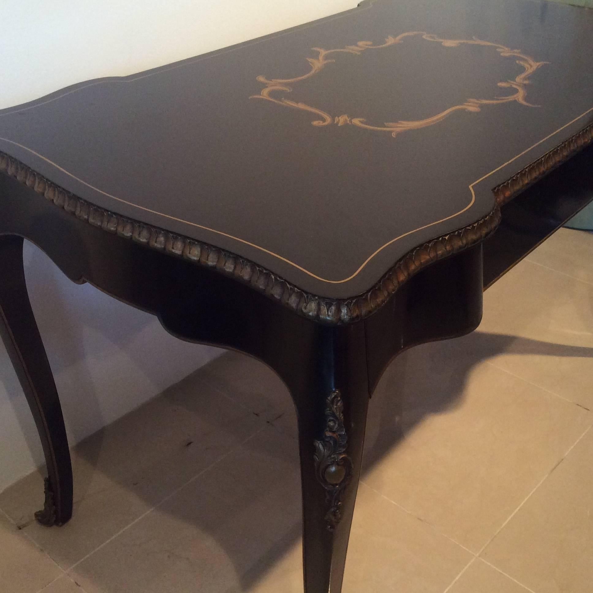 Desk Ormolu Black and Gold Vintage French Writing  Brass Curves Wood Ornate In Good Condition In West Palm Beach, FL