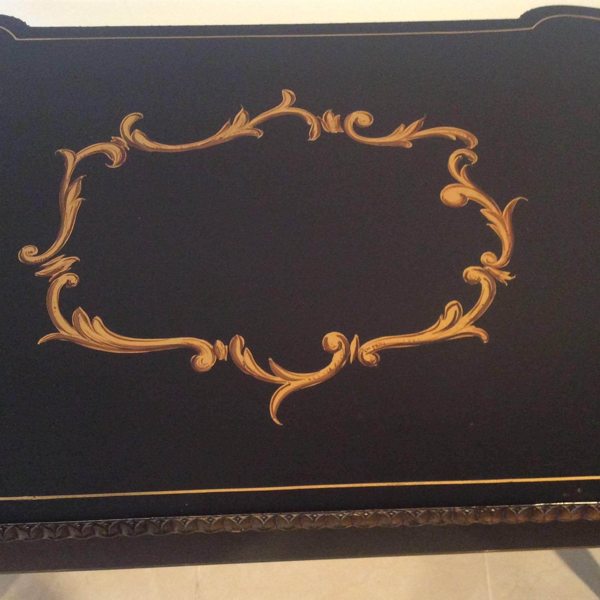 Desk Ormolu Black and Gold Vintage French Writing  Brass Curves Wood Ornate 1
