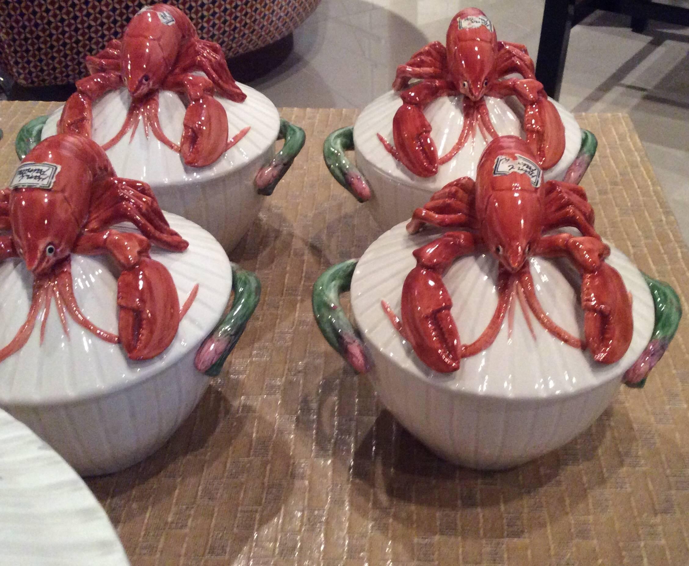 Hollywood Regency M Fitz & Floyd Soup Bowls Lobster Vintage 11 Piece Coral Fish Palm Beach