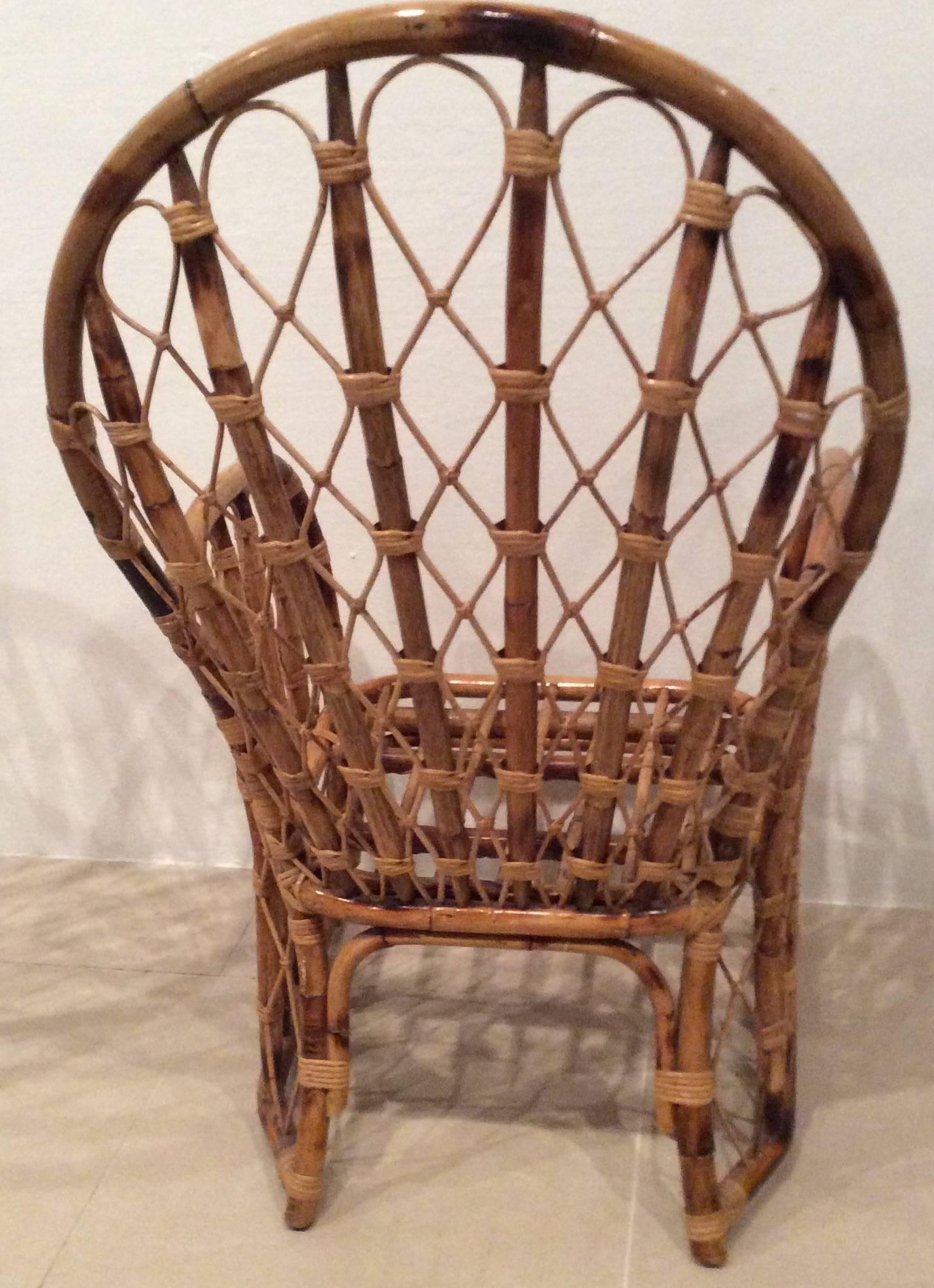 Rattan Wicker Arm Dining Chairs Vintage Set of 4 Faux Bamboo Palm Beach Patio In Good Condition In West Palm Beach, FL