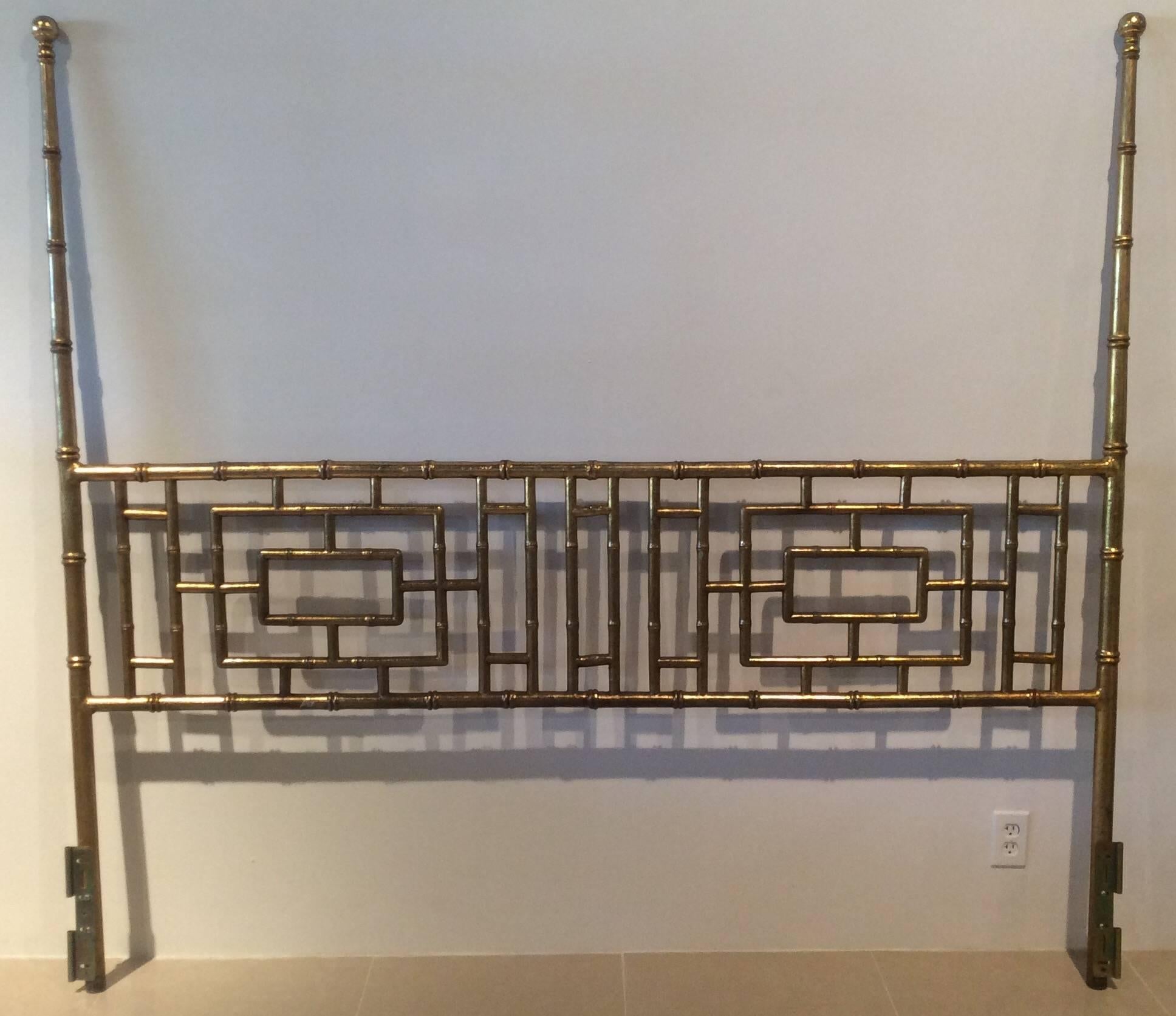 Vintage Hollywood Regency, Chinese Chippendale, faux bamboo, metal, gold gilt finish, king-size headboard bed. Wonderful geometric pattern. Perfect for that elegant Palm Beach, Chinoiserie feel!