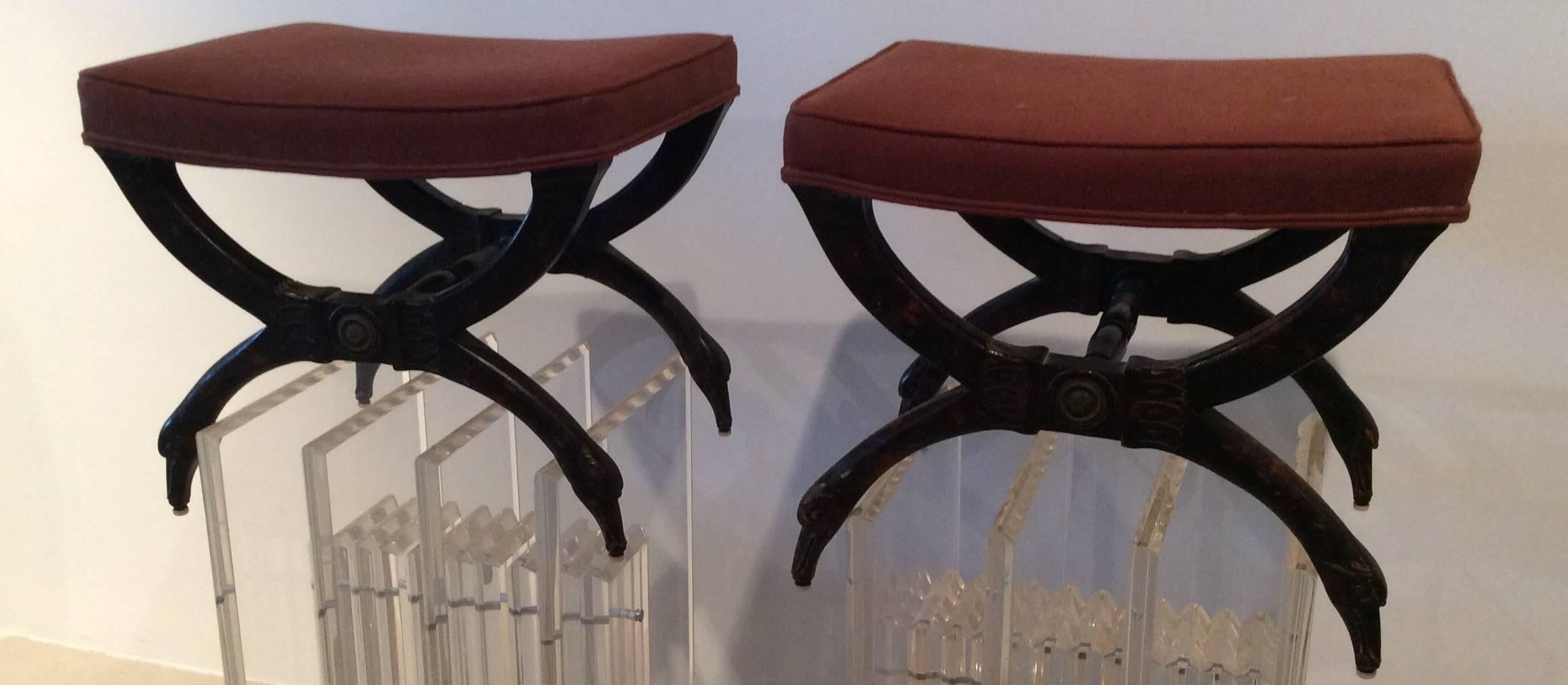 Lovely Dorothy Draper Palm Beach Style vintage pair of Vintage wood X benches with (birds) swan head legs, ornate carved details. Original fabric has some spots on one of the benches. Lovely Hollywood Regency Style.

