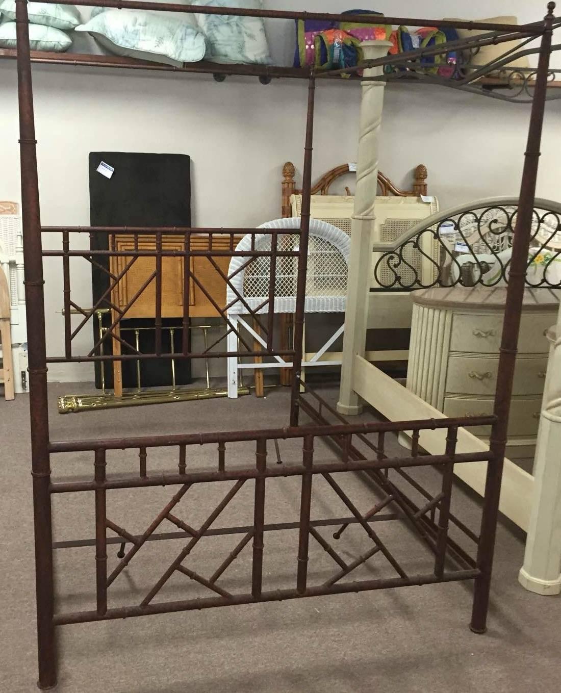 Amazing vintage faux bamboo, Hollywood Regency, Chinese Chippendale, queen size metal canopy bed. Includes Headboard, Footboard, and rails. Perfect for that Palm Beach, tropical look! Wonderful chinoiserie feel!
King-size is also available. 

